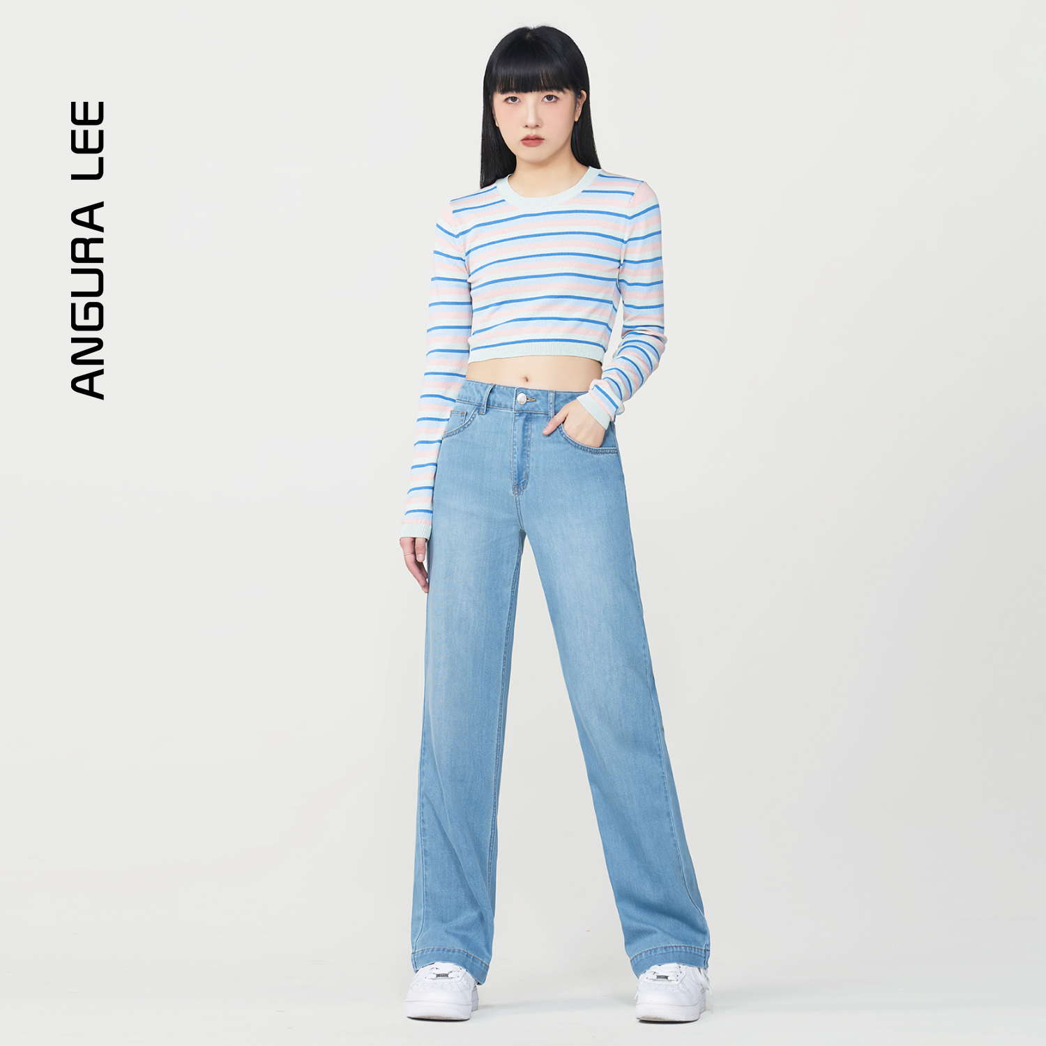 春夏新款經(jīng)典水洗淺藍色天絲女裝高腰直筒褲