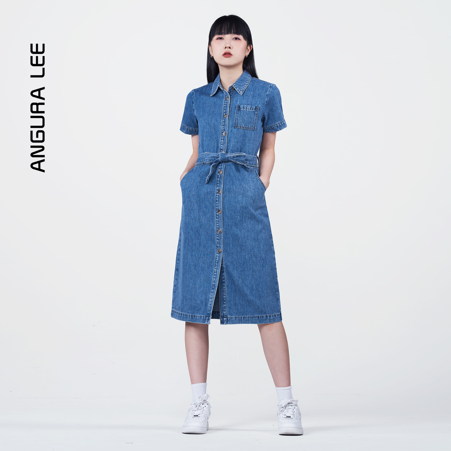 春夏經(jīng)典水洗中褲藍(lán)女裝牛仔連衣裙