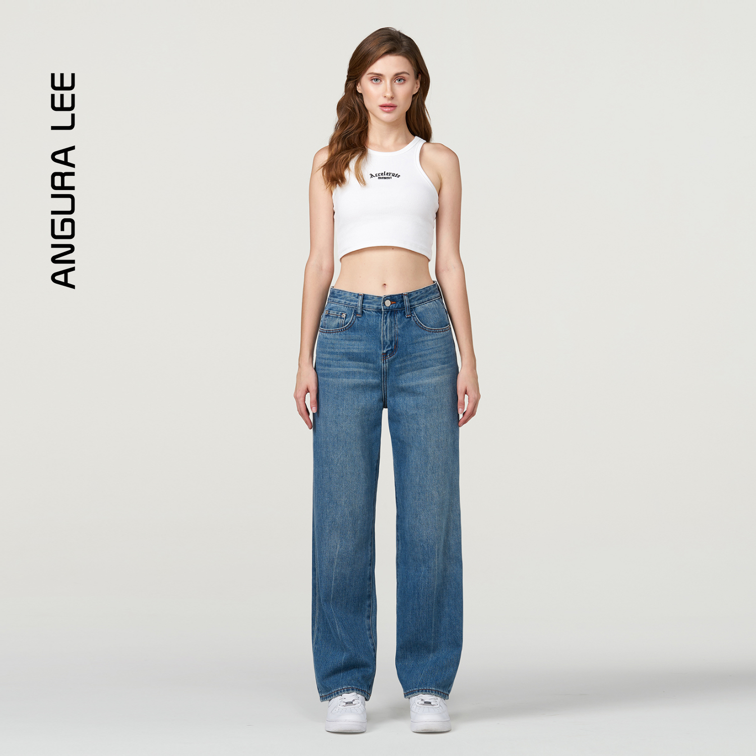 春夏經(jīng)典水洗復古藍女裝牛仔高腰直筒闊腿