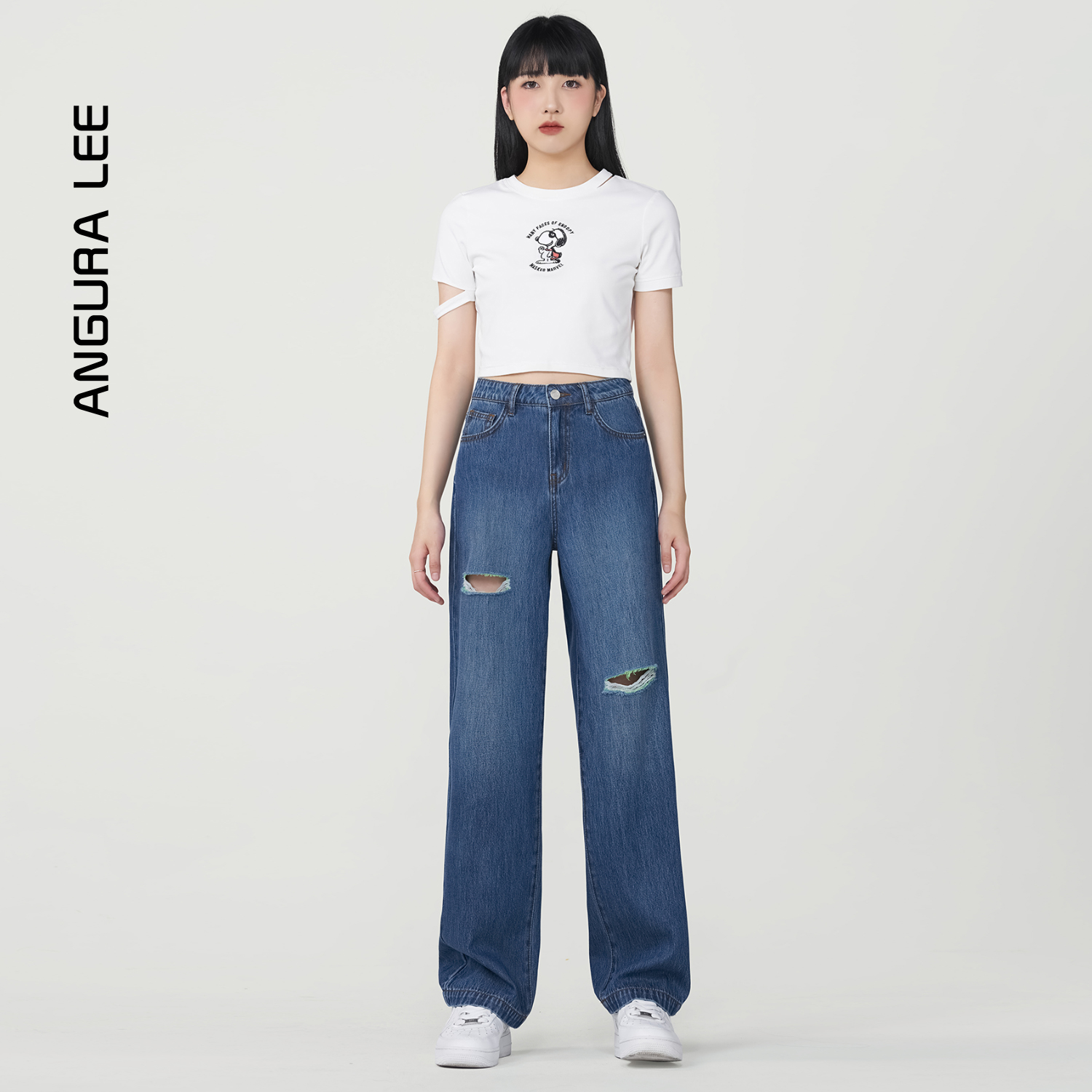 春夏新款經(jīng)典水洗復古藍割爛女裝高腰直筒褲