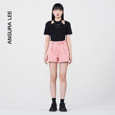 春夏新款經(jīng)典水洗粉紅女裝高腰短褲