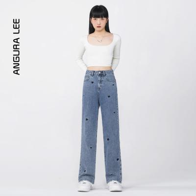 春夏新款經(jīng)典水洗中藍(lán)愛心女裝直筒褲